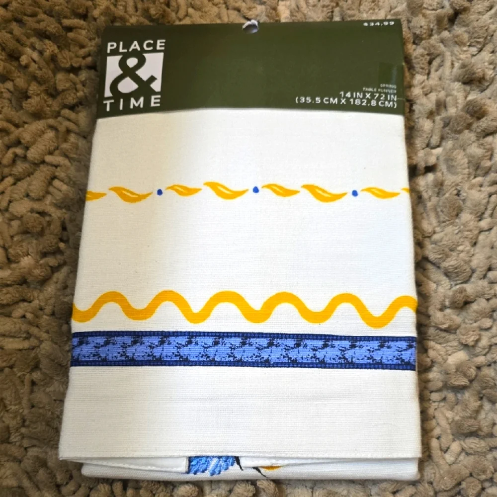 New Place & Time Bumblebee Table Runner‎ Embroidery Wings Cream Gold Blue 14x72